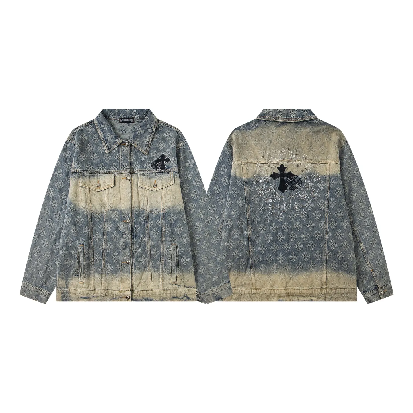 P340 Style No.: Y194 ChromeHearts heavy-duty steel-printed classic Sanskrit all-over jacquard hot-drilled denim jacket for men and women. New ChromeHearts Sanskrit printed custom fabric jacket. Gradient color wash, hot-drilled cross denim jacket on the back. A very heavy-duty one. The top is made of heavy weight. Presbyopia is suitable for early autumn outings. The denim fabric can be directly machine washed without deformation. Washing and distressing also give a sense of high-end. Power style wear, follow the photo and mirror. The gradient color is super high-end 💕 Each diamond shines with a unique light, as if telling a fashion story ✨ The steel-printed jacquard adds a three-dimensional and artistic sense, making this jacket instantly unique. Size:s m l xl